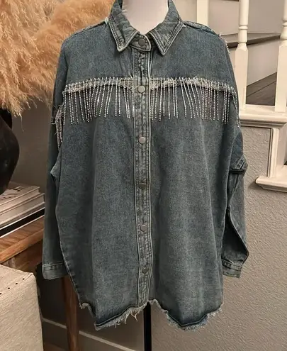 Vocal NWOT Rhinestone Fringe Denim Shirt Jacket Size Large
