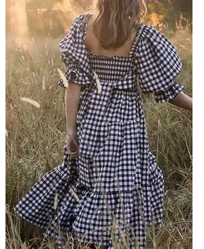 R.Vivimos Puff Sleeve Smocked Tiered Midi Dress Gingham Black Women's Size XL