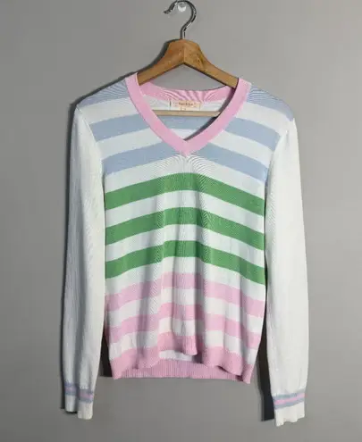 Brooks Brothers Cotton Tennis Striped V-Neck Sweater Pullover Women Medium White