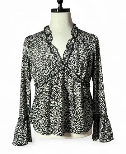 Loveriche Y2K Leopard Print Ruffle V Neck Bell Sleeve Blouse Women's Grunge