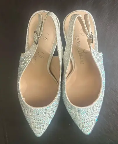 Lauren Lorraine Rachel Silver Shimmer Pointed Toe Embellished Slingback Pumps