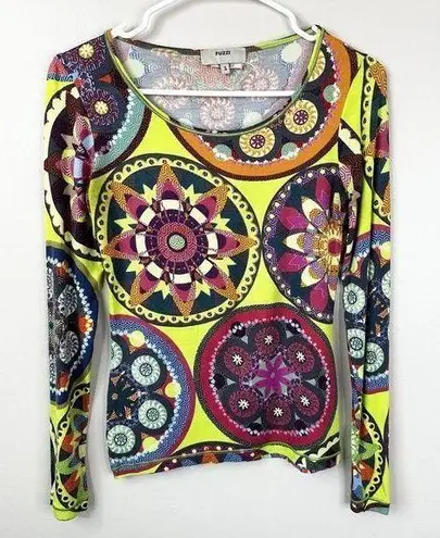 Fuzzi Shirt Womens Small Multi Color Bright Loud Kaleidoscope Print Long Sleeves Yellow