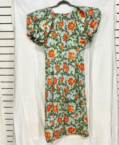 Agua Bendita Agua by Camelia Ruched Puff-Sleeve Midi-Dress Blue Green Women's M