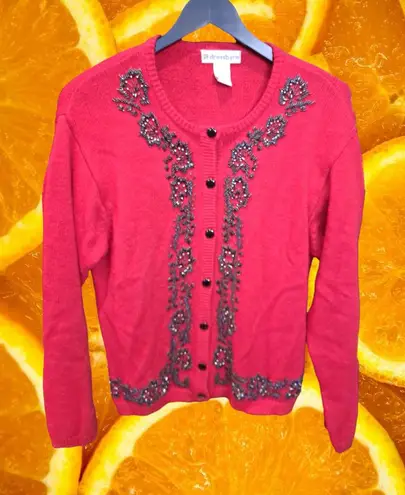 Dress Barn Vintage  Red with Black Beaded‎ Design Button Up Cardigan Size Large - Image 1