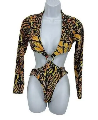 Animal Print Padded Plunge Long Sleeve Cut Out Thong Monokini One Piece Swimsuit Black Size M