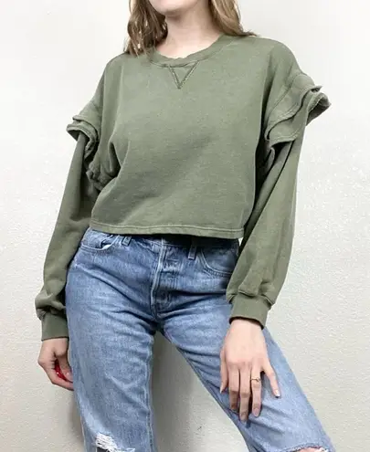 7 For All Mankind  Green Ruffled Shoulder Cropped Sweatshirt - Image 1