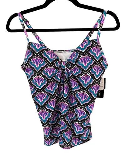 NWT Island Escape Geo Print Full Bust Support Modest Tankini Swim Top Sz 6 Purple