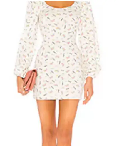 LPA Revolve Dress Send Nudes Floral Print White Linen Puff Sleeve Mini Dress XL