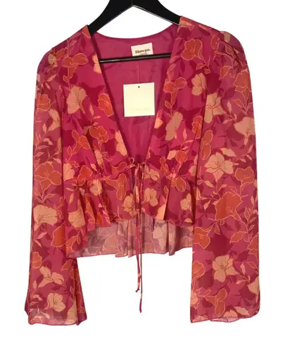 Showpo Sheer Floral Tie Front Blouse Pink Red Orange Long Sleeve Size US 4 Pink