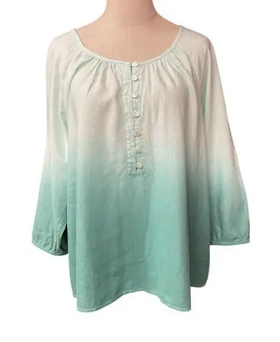 J. Jill Women's Ombre Long Sleeve Scoop Neck Linen Blend Button Up Blouse Size L Green Size L
