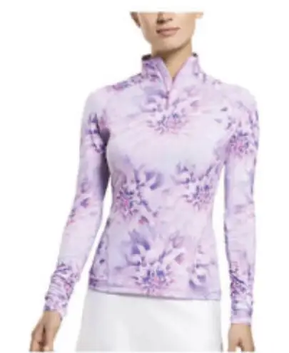 G/FORE Photo Floral Silky Tech Nylon Ruched Quarter Zip Golf Pullover Small Purple