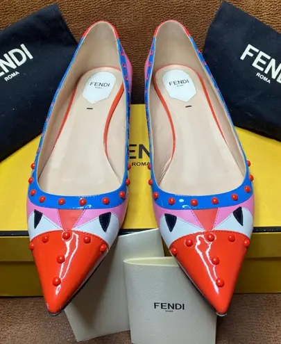 Fendi Authentic 'Monster Eyes'
Studded Pointed Flats (Vero Cuoio)
EU 39