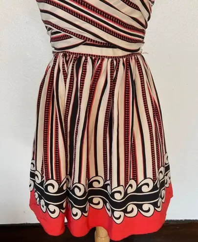 Anna Sui Beige Striped V-Neck Off The Shoulder Silk Dress