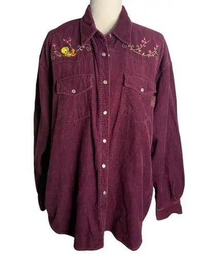 Looney Tunes Vintage 90s  Tweety Bird Western Shirt XL Purple Pearl Snap Pockets