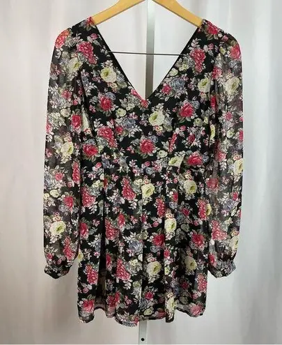 B_Envied Large Rose Floral V Neck Sheer Sleeve Mini Skirt Formal Pleat Flowy