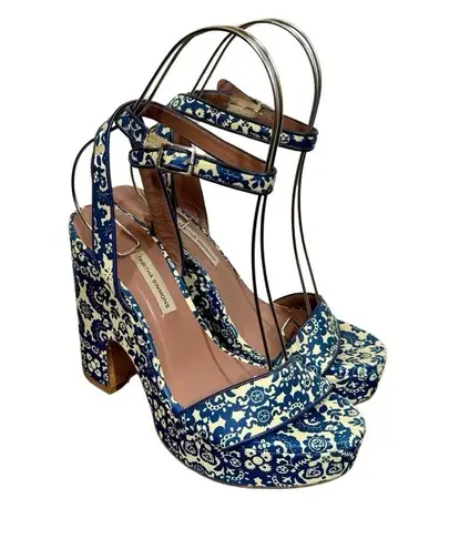 Tabitha Simmons Calla Blue & Ecru Floral Printed Leather Platform Heels Sandals Size 8