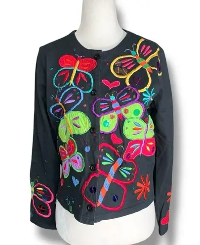 Vintage 90s Michael Simon Lite Cardigan Black Long Sleeve Colorful Butterfly
