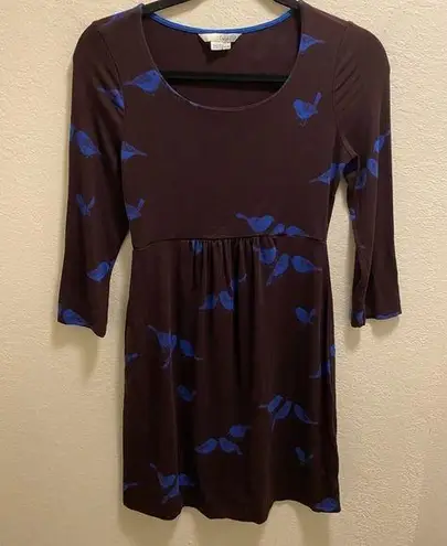 Boden Plum Color Bird Print 3/4 Length Sleeve Tunic Mini Dress Size 4R