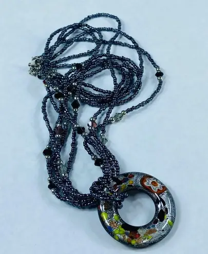 Beaded Necklace Multistrand Center Glass Focal Donut Bead Multicolor Adjustable