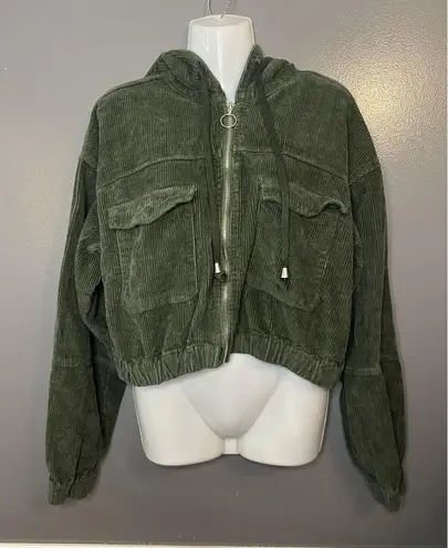 American Bazi Jacket Womens 1X Green Corduroy Hooded Zip Cropped Flap Pockets