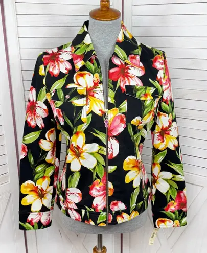 Vintage St. John Sport Tropical Flower Print Denim Jacket Black Yellow Small
