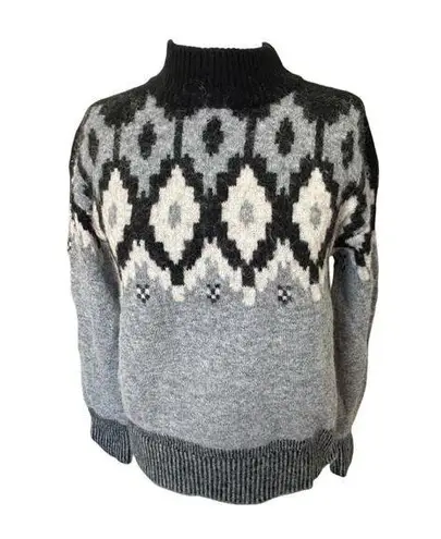 MONROW Mock Neck Fair Isle Pullover Sweater Black White Gray Wool Alpaca Blend S