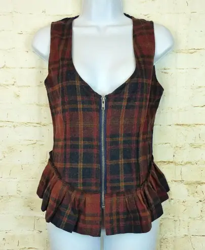 Handmade Womens Vest XS Orange Tartan Plaid Front Zipper Ruffle Peplum Grunge Y2K Handmad
