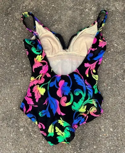 Vintage 80s Mainstream neon floral leaf one piece swimsuit Black Size M