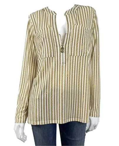 Michael Kors Zip Front Bone/Gold Long Sleeve Chain Logo Top Size Large Gold