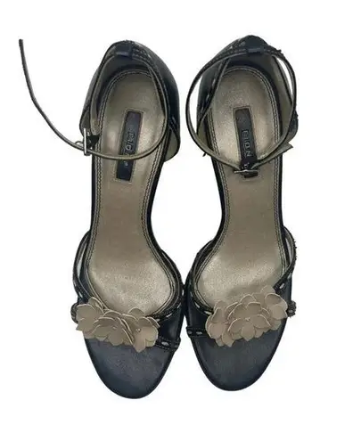 Fioni Black Open Toe High Heels with Faux Flowers Size 7