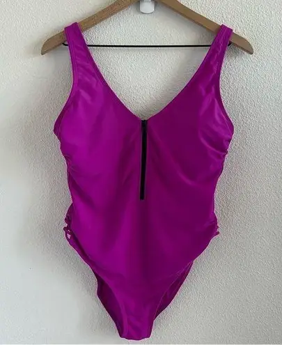 Xhilaration  Magenta One Piece Exposed Black Zipper Y2K 90s Swimsuit Scoop Back L