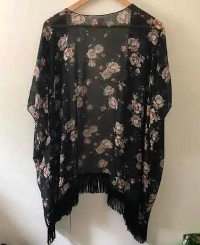 Xhilaration Sheer Floral Duster with Fringe