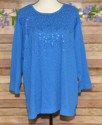 Quacker Factory Womens Light Blue Sequin Tunic Thin Knit Shirt Top Plus Size 3X - Image 1
