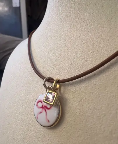 Handmade 18k gold plated Cute Ribbon charm with birthstone rhinestone and wax rope necklace