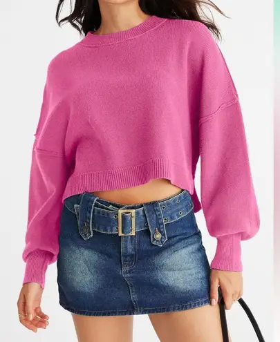 Sweater Womens XL Pink Crop Top Crewneck Cropped Batwing Sleeve Ribbed Tops D1