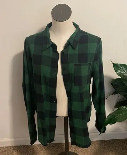 Betty Boop  shacket Hunter Green Black Plaid Shirt button up cotton New top Sz M