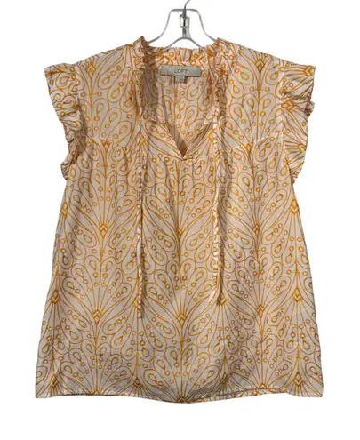 Loft  Orange Embroidered Paisley Printed Ruffle Sleeve Tassel Tie Top Small S