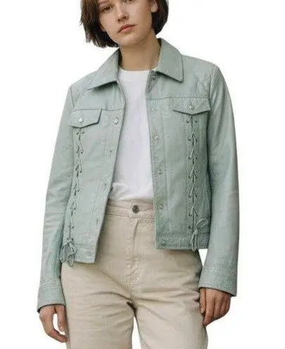 Patricia McCoy collectoin Lace Up Leather Jacket Mint Green Moto Style Size XXS