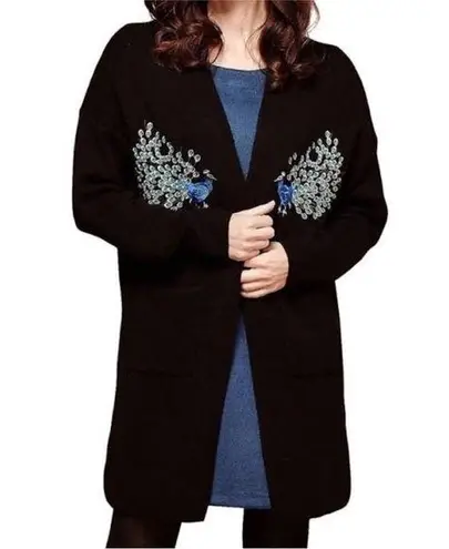 Yumi Kim Black Cardigan Sweater Embroidered Peacock Sz Small