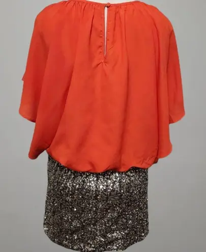 C. Luce  orange batwing gold sequin mini dress size medium