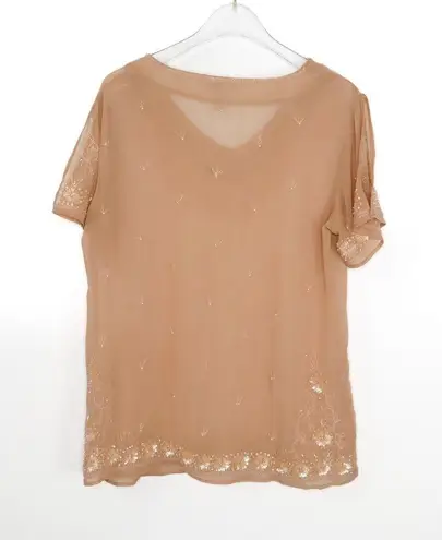 Sundance Peach Beaded Embroidered Short Sleeve Bohemian Blouse Small