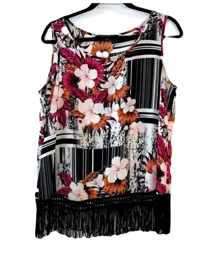 Zac & Rachel Abstract Floral Fringe Tank Top Sz M Women’s Hawaiian Black Size M