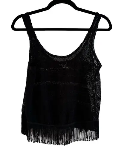Kirra Black Semi Sheer Lacey Romantic Goth Lacey Fringe Tank Top Size XS
