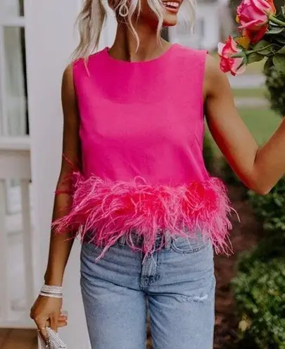La' Rose Hot Pink Feather Hem Trim Sleeveless Top Size Large NWOT