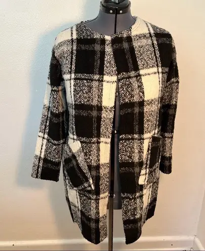 Ann Story Open Sweater Coat White Black Plaid Size L
