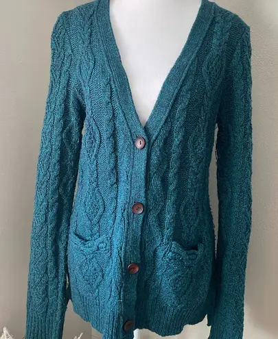 Anthropologie Far Away From Close Fisherman Wool Blend Cable Knit Cardigan Blue Size M