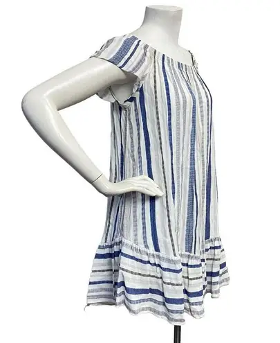 Eight Sixty Women's Off Shoulder White Blue Striped Ruffle hem Shirred Dress