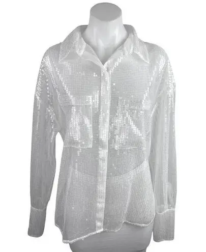 Chosen by KYHA Team 24 White Sequin Pockets Button Down Sheer Blouse Shirt Top L Size L