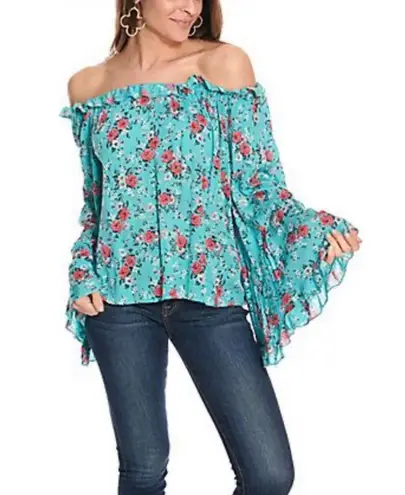 Panhandle Western Boho Peasant Blouse Top Shirt Turquoise Floral S Off-Shoulder