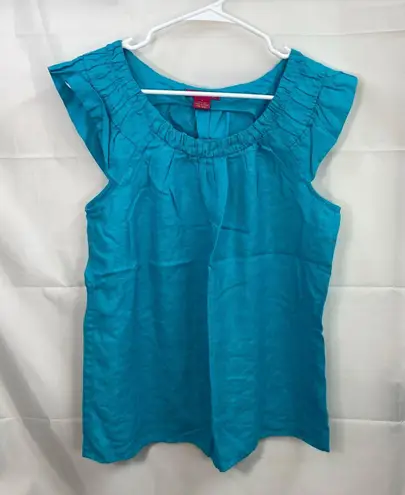 Sunny Leigh Vintage women's blue cap sleeve ruffle scoop neck loose linen blouse
